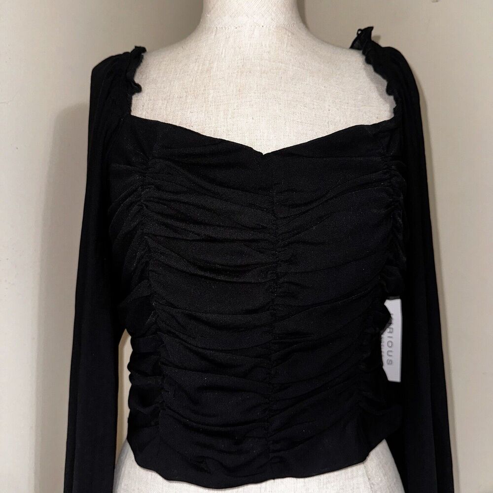 NWT Kirious Cropped Gathered Mesh Net Sleeves Halter Top Size Large - Picture 2 of 14